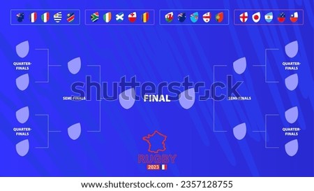 Rugby tournament bracket with flags of groups participants. Rugby competition 2023 schedule on abstract background. Vector illustration.