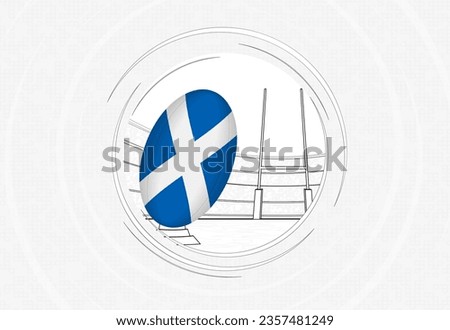 Scotland flag on rugby ball, lined circle rugby icon with ball in a crowded stadium. Vector sport emblem on abstract background.
