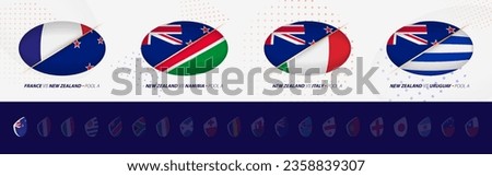 Rugby competition icons of New Zealand rugby national team, all four matches icon in pool. Vector set.