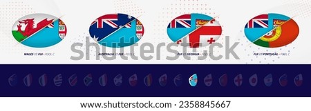 Rugby competition icons of Fiji rugby national team, all four matches icon in pool. Vector set.