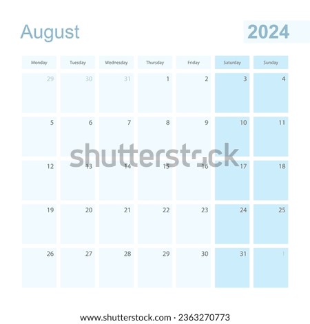 2024 August wall planner in blue pastel color, week starts on Monday. Calendar for August 2024 with blue square and with day of previous and next month.