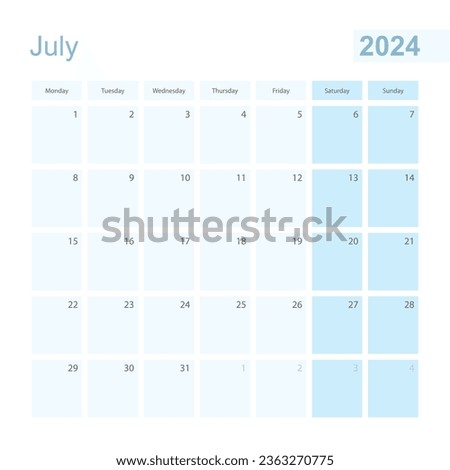 2024 July wall planner in blue pastel color, week starts on Monday. Calendar for July 2024 with blue square and with day of previous and next month.