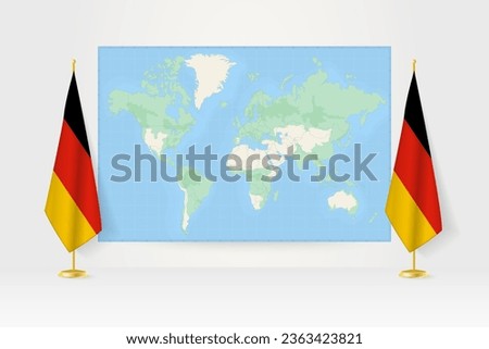 World Map between two hanging flags of Germany on flag stand. Vector illustration for diplomacy meeting, press conference and other.