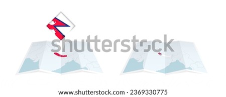 Two versions of an Nepal folded map, one with a pinned country flag and one with a flag in the map contour. Template for both print and online design. Vector illustration.