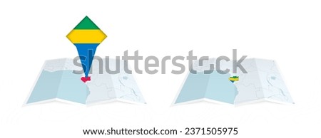 Two versions of an Gabon folded map, one with a pinned country flag and one with a flag in the map contour. Template for both print and online design. Vector illustration.