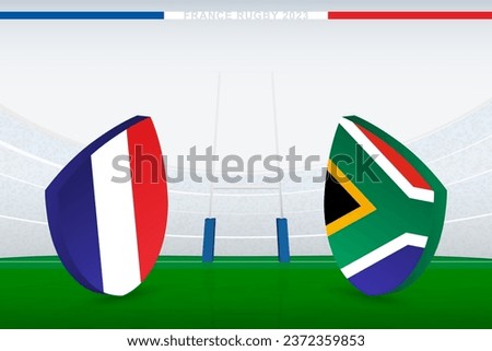Quarter-final match between France and South Africa, illustration of rugby flag icon on rugby stadium. Vector illustration.