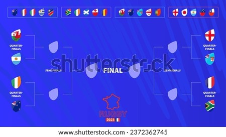 Rugby tournament bracket with flags of Quarter-final participants. Rugby competition 2023 schedule on abstract background. Vector illustration.