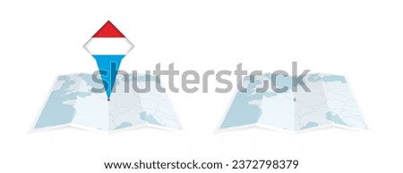 Two versions of an Luxembourg folded map, one with a pinned country flag and one with a flag in the map contour. Template for both print and online design. Vector illustration.