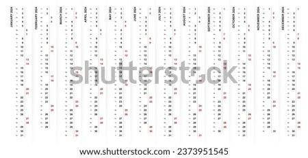 2024 vertical calendar design, Saturday and Sunday selected in different color and row. Vector template.