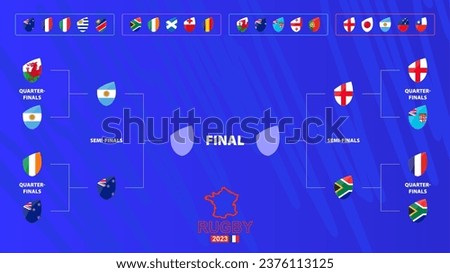Rugby tournament bracket with flags of Semi-final participants. Rugby competition 2023 schedule on abstract background. Vector illustration.