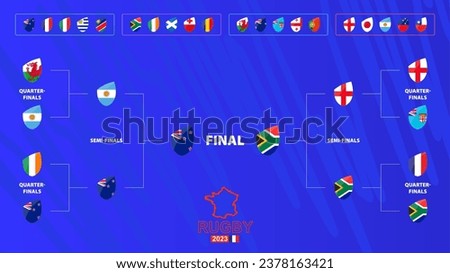 Rugby tournament bracket with flags of Final participants. Rugby competition 2023 schedule on abstract background. Vector illustration.