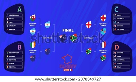 Rugby 2023 playoff match schedule filled until the final with national flags of international rugby tournament participants. Vector illustration.