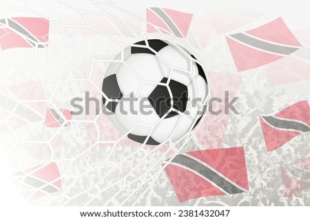 National Football team of Trinidad and Tobago scored goal. Ball in goal net, while football supporters are waving the Trinidad and Tobago flag in the background. Vector illustration.