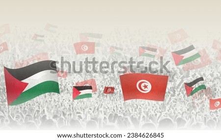 Palestine and Tunisia flags in a crowd of cheering people. Crowd of people with flags. Vector illustration.