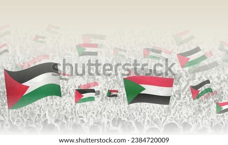 Palestine and Sudan flags in a crowd of cheering people. Crowd of people with flags. Vector illustration.