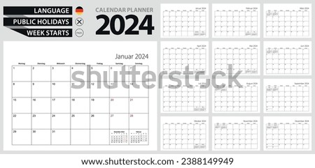 German calendar planner for 2024. German language, week starts from Monday. Vector calendar template for Germany, Belgium, Austria, Switzerland and other.