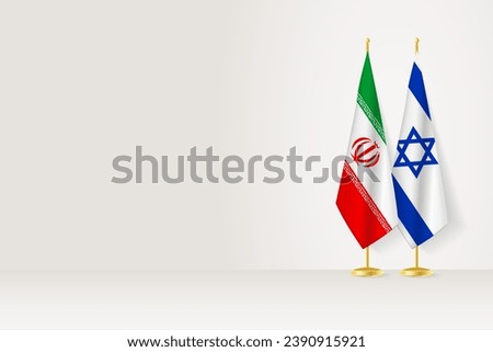 Flags of Iran and Israel on flag stand, meeting between two countries. Vector template.