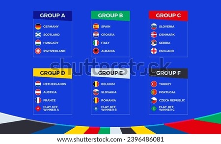 Flags of European football tournament 2024 sorted by group on blue background. Vector illustration.