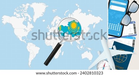Kazakhstan is magnified over a World Map, illustration with airplane, passport, boarding pass, compass and eyeglasses. Vector illustration.