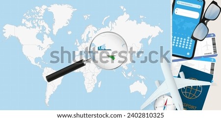 Uzbekistan is magnified over a World Map, illustration with airplane, passport, boarding pass, compass and eyeglasses. Vector illustration.