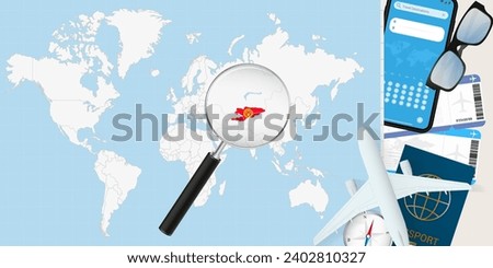 Kyrgyzstan is magnified over a World Map, illustration with airplane, passport, boarding pass, compass and eyeglasses. Vector illustration.