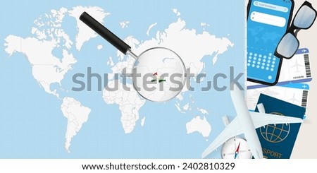 Tajikistan is magnified over a World Map, illustration with airplane, passport, boarding pass, compass and eyeglasses. Vector illustration.