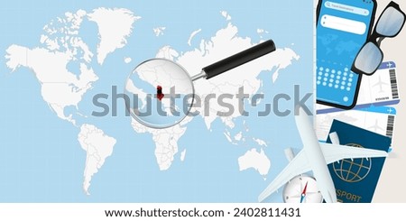 Albania is magnified over a World Map, illustration with airplane, passport, boarding pass, compass and eyeglasses. Vector illustration.