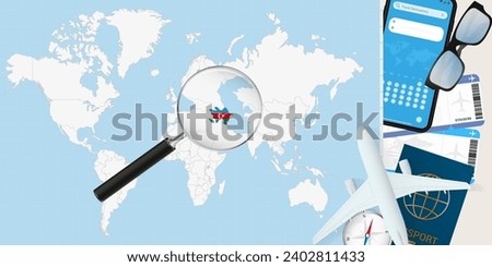 Azerbaijan is magnified over a World Map, illustration with airplane, passport, boarding pass, compass and eyeglasses. Vector illustration.