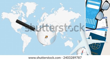 Uganda is magnified over a World Map, illustration with airplane, passport, boarding pass, compass and eyeglasses. Vector illustration.