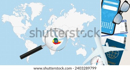 Ethiopia is magnified over a World Map, illustration with airplane, passport, boarding pass, compass and eyeglasses. Vector illustration.