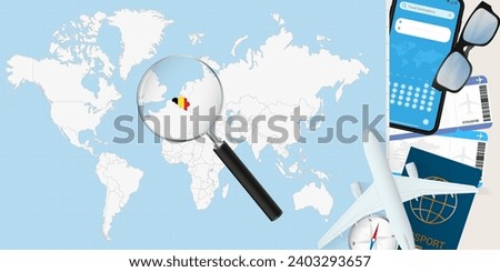 Belgium is magnified over a World Map, illustration with airplane, passport, boarding pass, compass and eyeglasses. Vector illustration.