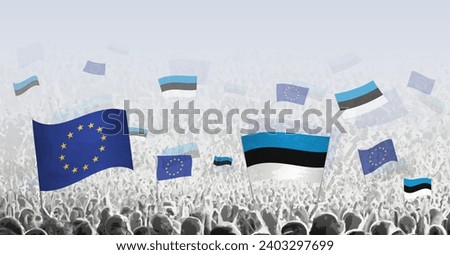 Crowd with flag of European Union and Estonia, people of Estonia with flag of EU. Vector illustration.
