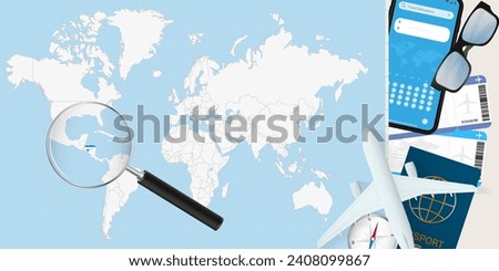 Honduras is magnified over a World Map, illustration with airplane, passport, boarding pass, compass and eyeglasses. Vector illustration.