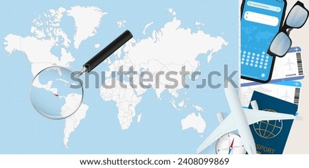 Costa Rica is magnified over a World Map, illustration with airplane, passport, boarding pass, compass and eyeglasses. Vector illustration.