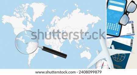 Panama is magnified over a World Map, illustration with airplane, passport, boarding pass, compass and eyeglasses. Vector illustration.