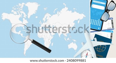 El Salvador is magnified over a World Map, illustration with airplane, passport, boarding pass, compass and eyeglasses. Vector illustration.