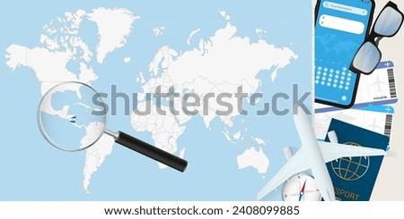 Nicaragua is magnified over a World Map, illustration with airplane, passport, boarding pass, compass and eyeglasses. Vector illustration.