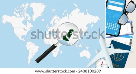 Pakistan is magnified over a World Map, illustration with airplane, passport, boarding pass, compass and eyeglasses. Vector illustration.