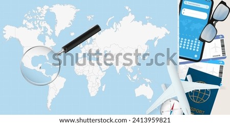 Belize is magnified over a World Map, illustration with airplane, passport, boarding pass, compass and eyeglasses. Vector illustration.