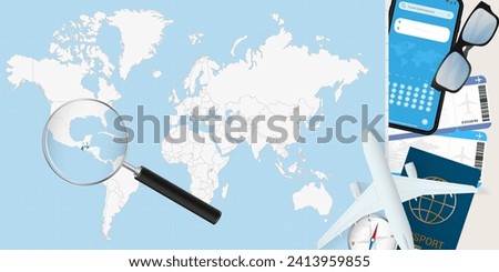 Guatemala is magnified over a World Map, illustration with airplane, passport, boarding pass, compass and eyeglasses. Vector illustration.
