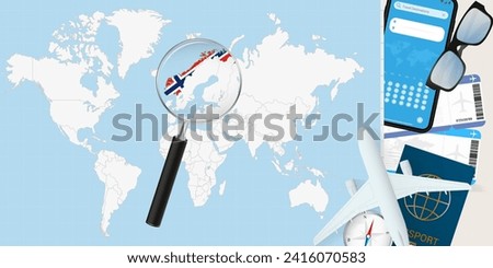 Norway is magnified over a World Map, illustration with airplane, passport, boarding pass, compass and eyeglasses. Vector illustration.