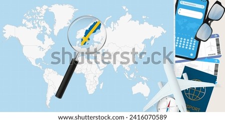 Sweden is magnified over a World Map, illustration with airplane, passport, boarding pass, compass and eyeglasses. Vector illustration.