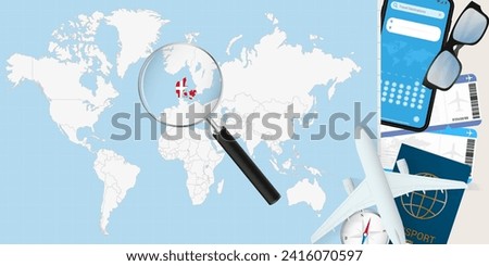Denmark is magnified over a World Map, illustration with airplane, passport, boarding pass, compass and eyeglasses. Vector illustration.