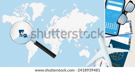 Louisiana is magnified over a World Map, illustration with airplane, passport, boarding pass, compass and eyeglasses. Vector illustration.