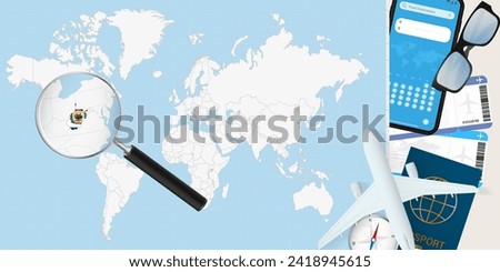 West Virginia is magnified over a World Map, illustration with airplane, passport, boarding pass, compass and eyeglasses. Vector illustration.