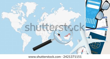Malaysia is magnified over a World Map, illustration with airplane, passport, boarding pass, compass and eyeglasses. Vector illustration.