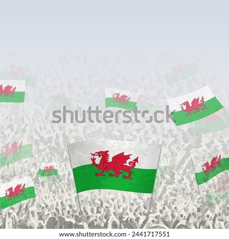 Crowd of people waving flag of Wales square graphic for social media and news. Vector illustration.