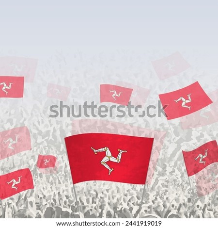 Crowd of people waving flag of Isle of Man square graphic for social media and news. Vector illustration.