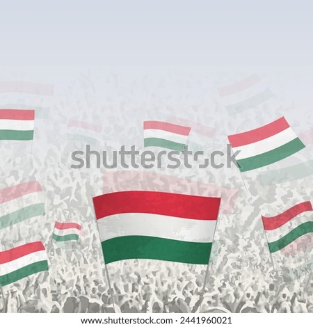 Crowd of people waving flag of Hungary square graphic for social media and news. Vector illustration.
