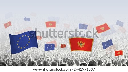 Crowd with flag of European Union and Montenegro, people of Montenegro with flag of EU. Vector illustration.